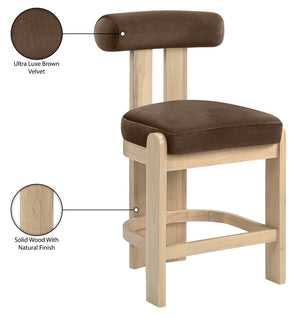 Meridian Furniture Arienzo Art Deco Velvet Counter Stool with Curved Back and Walnut Wood Legs for Kitchen Islands Brown Style B 88026Brown-C