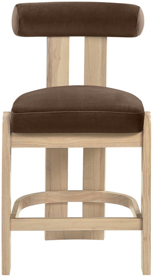 Meridian Furniture Arienzo Art Deco Velvet Counter Stool with Curved Back and Walnut Wood Legs for Kitchen Islands Brown Style B 88026Brown-C