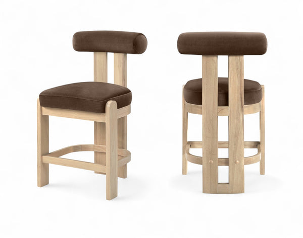 Meridian Furniture Arienzo Art Deco Velvet Counter Stool with Curved Back and Walnut Wood Legs for Kitchen Islands Brown Style B 88026Brown-C