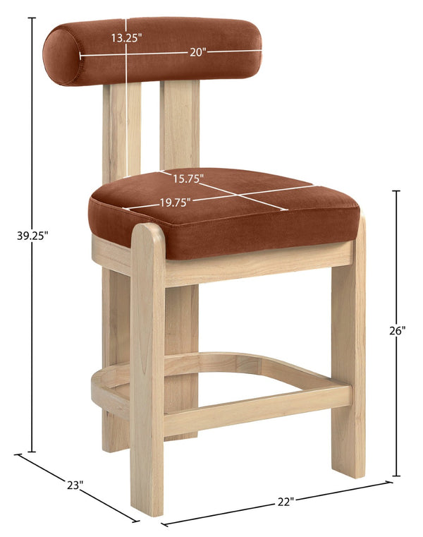 Meridian Furniture Arienzo Art Deco Velvet Counter Stool with Curved Back and Walnut Wood Legs for Kitchen Islands Cognac Style B 88026Cognac-C