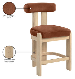 Meridian Furniture Arienzo Art Deco Velvet Counter Stool with Curved Back and Walnut Wood Legs for Kitchen Islands Cognac Style B 88026Cognac-C