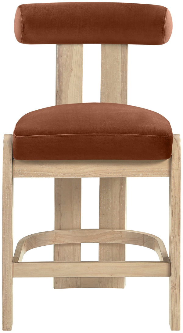 Meridian Furniture Arienzo Art Deco Velvet Counter Stool with Curved Back and Walnut Wood Legs for Kitchen Islands Cognac Style B 88026Cognac-C