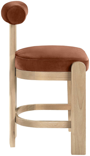 Meridian Furniture Arienzo Art Deco Velvet Counter Stool with Curved Back and Walnut Wood Legs for Kitchen Islands Cognac Style B 88026Cognac-C