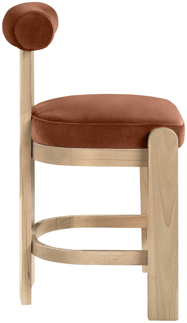 Meridian Furniture Arienzo Art Deco Velvet Counter Stool with Curved Back and Walnut Wood Legs for Kitchen Islands Cognac Style B 88026Cognac-C