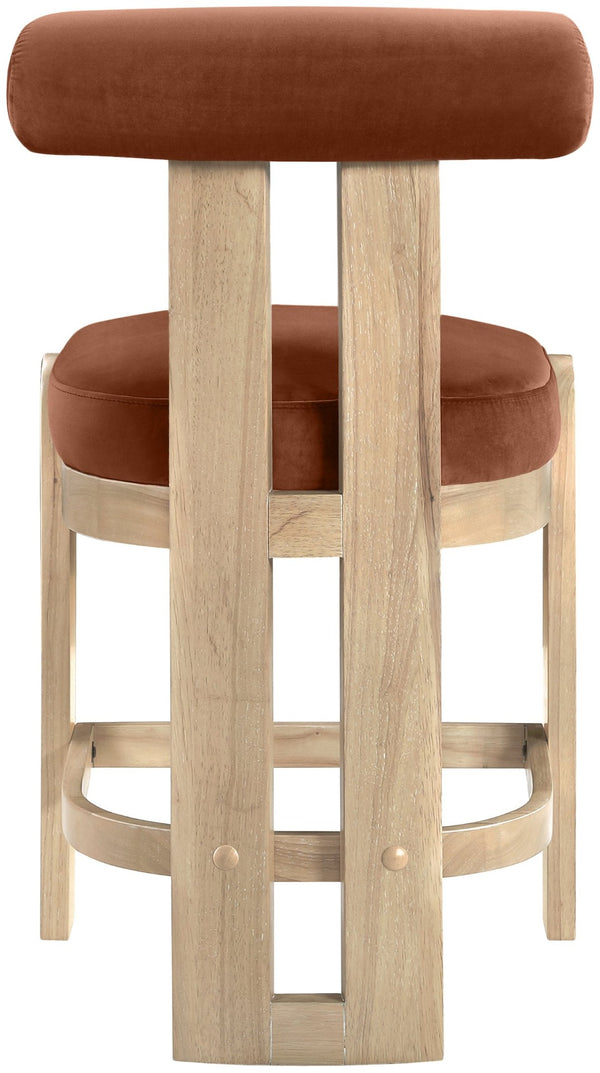 Meridian Furniture Arienzo Art Deco Velvet Counter Stool with Curved Back and Walnut Wood Legs for Kitchen Islands Cognac Style B 88026Cognac-C