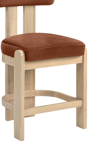 Meridian Furniture Arienzo Art Deco Velvet Counter Stool with Curved Back and Walnut Wood Legs for Kitchen Islands Cognac Style B 88026Cognac-C