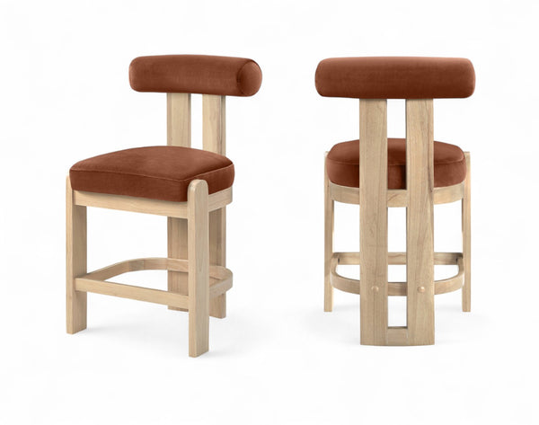 Meridian Furniture Arienzo Art Deco Velvet Counter Stool with Curved Back and Walnut Wood Legs for Kitchen Islands Cognac Style B 88026Cognac-C