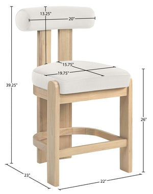 Meridian Furniture Arienzo Art Deco Velvet Counter Stool with Curved Back and Walnut Wood Legs for Kitchen Islands Cream Style B 88026Cream-C