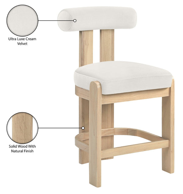 Meridian Furniture Arienzo Art Deco Velvet Counter Stool with Curved Back and Walnut Wood Legs for Kitchen Islands Cream Style B 88026Cream-C