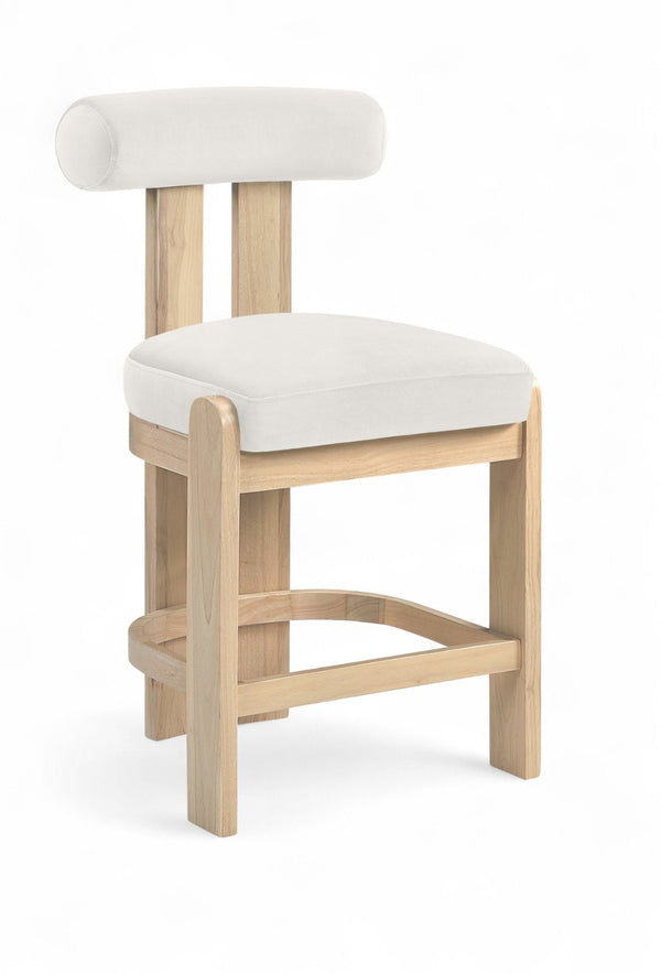 Meridian Furniture Arienzo Art Deco Velvet Counter Stool with Curved Back and Walnut Wood Legs for Kitchen Islands Cream Style B 88026Cream-C