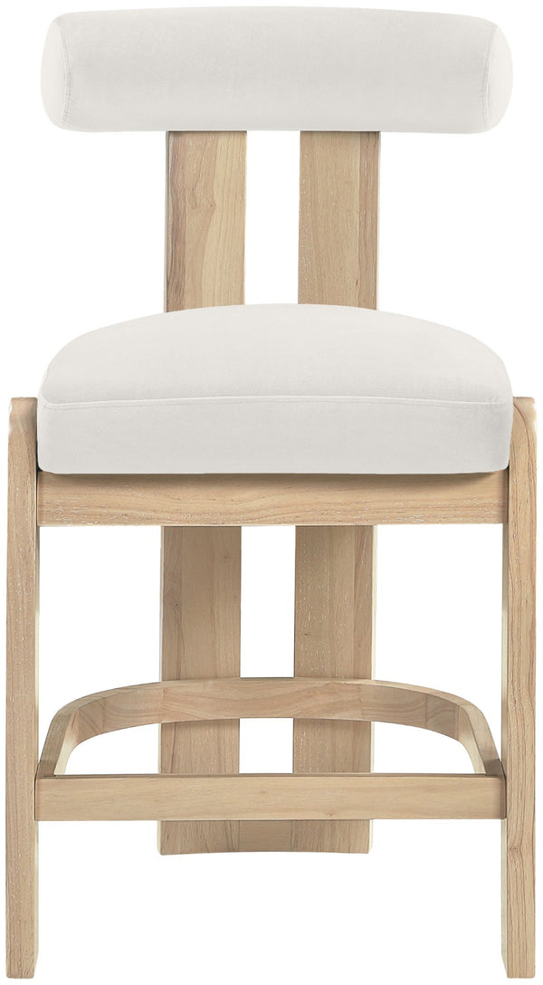 Meridian Furniture Arienzo Art Deco Velvet Counter Stool with Curved Back and Walnut Wood Legs for Kitchen Islands Cream Style B 88026Cream-C