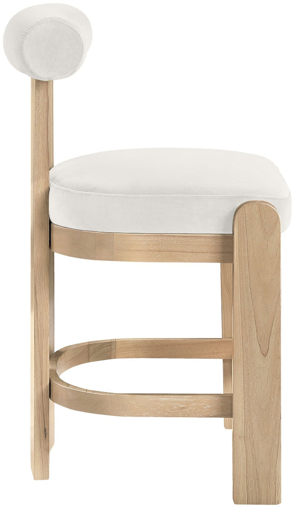Meridian Furniture Arienzo Art Deco Velvet Counter Stool with Curved Back and Walnut Wood Legs for Kitchen Islands Cream Style B 88026Cream-C