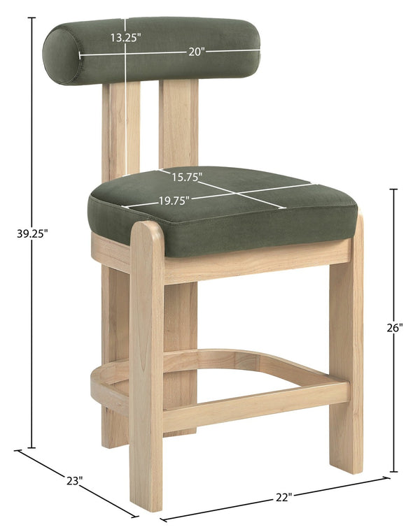 Meridian Furniture Arienzo Art Deco Velvet Counter Stool with Curved Back and Walnut Wood Legs for Kitchen Islands Green Style B 88026Green-C