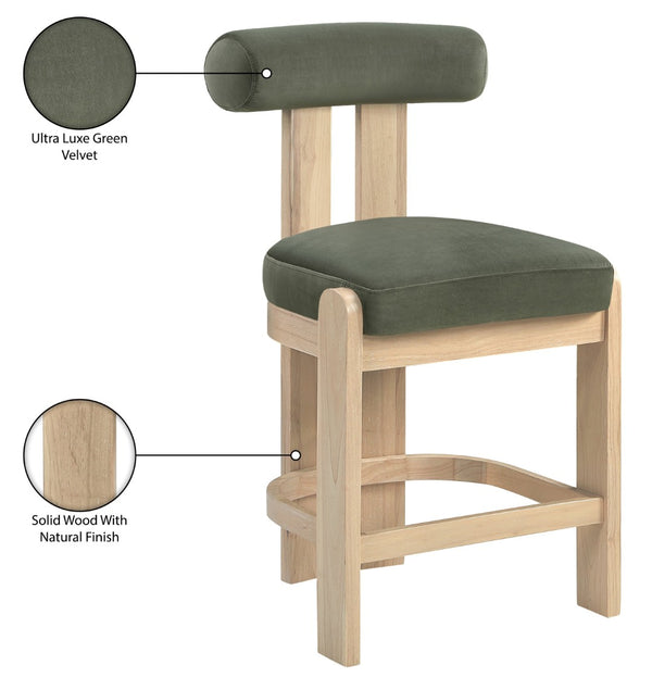 Meridian Furniture Arienzo Art Deco Velvet Counter Stool with Curved Back and Walnut Wood Legs for Kitchen Islands Green Style B 88026Green-C