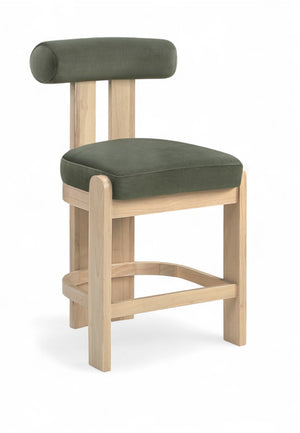 Meridian Furniture Arienzo Art Deco Velvet Counter Stool with Curved Back and Walnut Wood Legs for Kitchen Islands Green Style B 88026Green-C