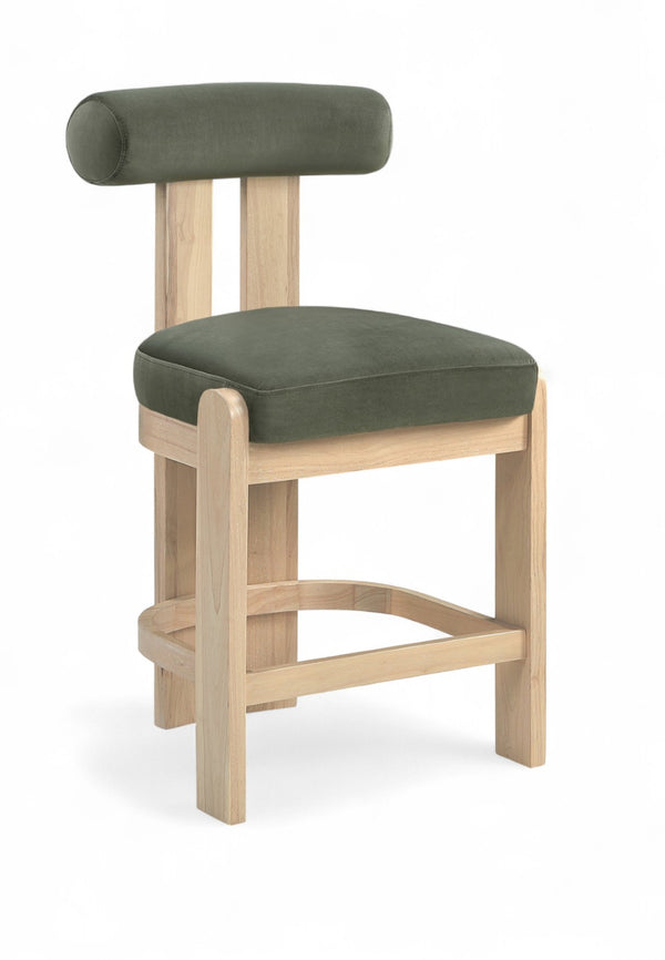 Meridian Furniture Arienzo Art Deco Velvet Counter Stool with Curved Back and Walnut Wood Legs for Kitchen Islands Green Style B 88026Green-C