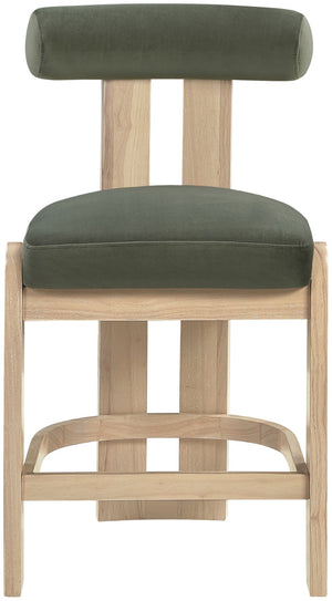 Meridian Furniture Arienzo Art Deco Velvet Counter Stool with Curved Back and Walnut Wood Legs for Kitchen Islands Green Style B 88026Green-C
