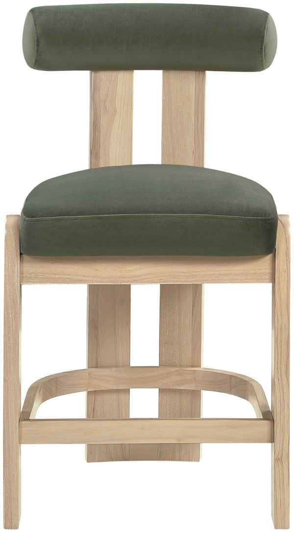 Meridian Furniture Arienzo Art Deco Velvet Counter Stool with Curved Back and Walnut Wood Legs for Kitchen Islands Green Style B 88026Green-C