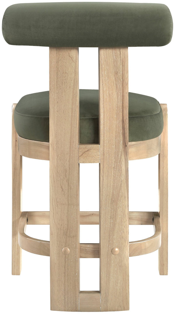 Meridian Furniture Arienzo Art Deco Velvet Counter Stool with Curved Back and Walnut Wood Legs for Kitchen Islands Green Style B 88026Green-C
