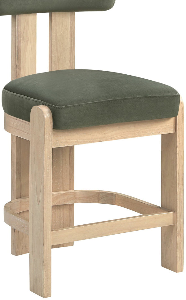 Meridian Furniture Arienzo Art Deco Velvet Counter Stool with Curved Back and Walnut Wood Legs for Kitchen Islands Green Style B 88026Green-C