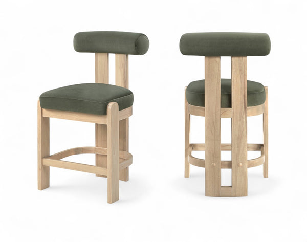 Meridian Furniture Arienzo Art Deco Velvet Counter Stool with Curved Back and Walnut Wood Legs for Kitchen Islands Green Style B 88026Green-C
