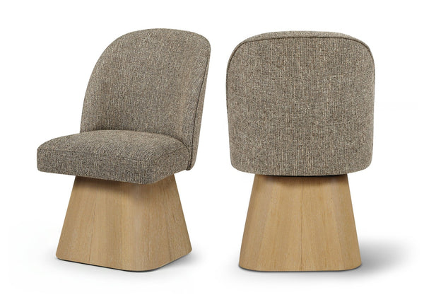 Meridian Furniture Marlowe Barrel Swivel Dining Chair Linen Weave Art Deco Silhouette Wood Base 88029Brown-SC