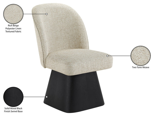 Meridian Furniture Marlowe Barrel Swivel Dining Chair Art Deco Silhouette Linen Fabric Black Base 88030Beige-SC