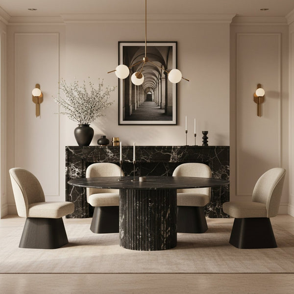 Meridian Furniture Marlowe Barrel Swivel Dining Chair Art Deco Silhouette Linen Fabric Black Base 88030Beige-SC