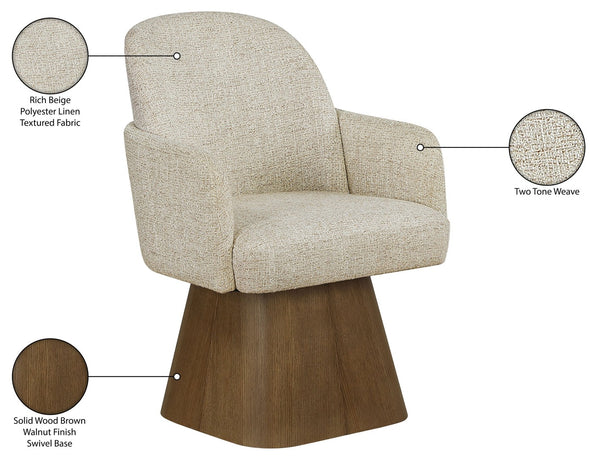 Meridian Furniture Marlowe Barrel Swivel Arm Chair Linen Upholstered Art Deco Style for Dining Rooms Beige Style 3 88031Beige-AC