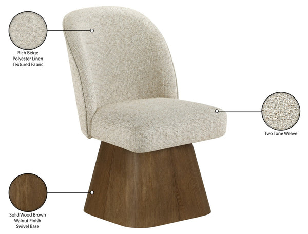 Meridian Furniture Marlowe Barrel Swivel Dining Chair Beige Linen Weave Art Deco Walnut Base 88031Beige-SC