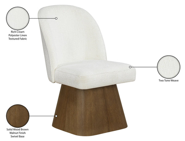 Meridian Furniture Marlowe Barrel Swivel Dining Chair Linen Upholstered Art Deco Style Walnut Base 88031Cream-SC