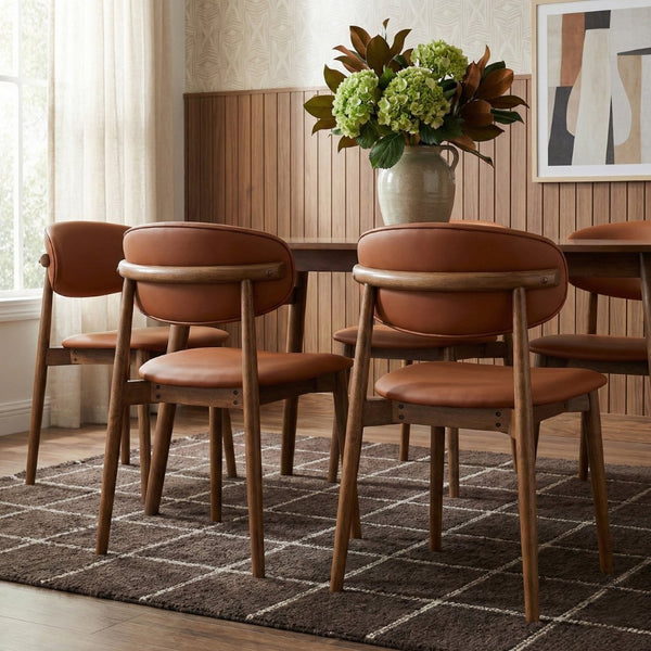 Meridian Furniture Leesa Mid-century Vegan Leather Dining Chair with Walnut Frame and Elegant Rounded Back Design Tan 88034Cognac-C
