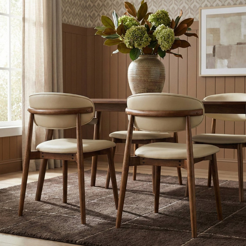 Meridian Furniture Leesa Mid-century Vegan Leather Dining Chair with Walnut Frame and Elegant Rounded Back Design Cream 88034Cream-C