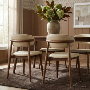 Meridian Furniture Leesa Mid-century Vegan Leather Dining Chair with Walnut Frame and Elegant Rounded Back Design Cream 88034Cream-C
