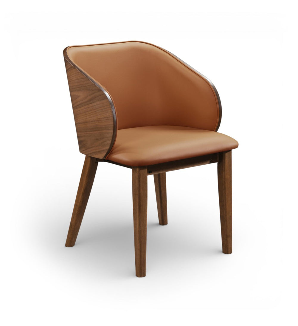 Meridian Furniture Glenwood Mid-century Vegan Leather Dining Chair with Walnut Veneer Back for Modern Rooms Tan 88035Cognac-C