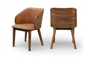 Meridian Furniture Glenwood Mid-century Vegan Leather Dining Chair with Walnut Veneer Back for Modern Rooms Tan 88035Cognac-C