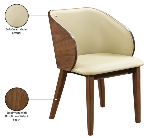 Meridian Furniture Glenwood Mid-century Vegan Leather Dining Chair with Walnut Veneer Back for Modern Rooms Cream 88035Cream-C