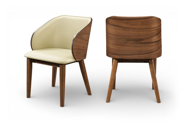Meridian Furniture Glenwood Mid-century Vegan Leather Dining Chair with Walnut Veneer Back for Modern Rooms Cream 88035Cream-C