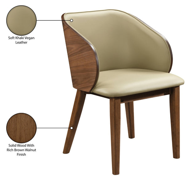 Meridian Furniture Glenwood Mid-century Vegan Leather Dining Chair with Walnut Veneer Back for Modern Rooms Khaki 88035Khaki-C