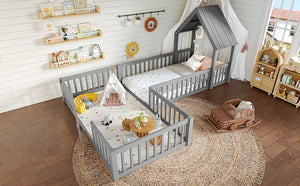 English Elm Twin House Floor Bed with Door and Full-Length Guardrails, Solid Wood Double Twin Floor Bed for Kids' Playful Rooms Grey W1580P354638