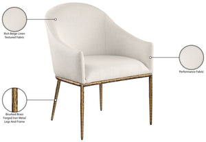 Meridian Furniture Ferro Curved Upholstered Dining Arm Chair with Brushed Iron Frame and Stain Resistant Linen Beige A 88036Beige-AC