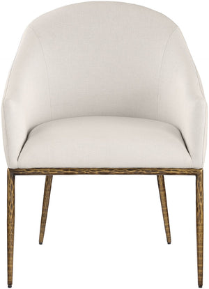 Meridian Furniture Ferro Curved Upholstered Dining Arm Chair with Brushed Iron Frame and Stain Resistant Linen Beige A 88036Beige-AC