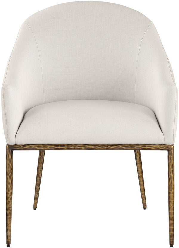 Meridian Furniture Ferro Curved Upholstered Dining Arm Chair with Brushed Iron Frame and Stain Resistant Linen Beige A 88036Beige-AC