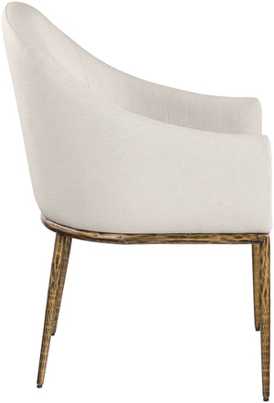 Meridian Furniture Ferro Curved Upholstered Dining Arm Chair with Brushed Iron Frame and Stain Resistant Linen Beige A 88036Beige-AC