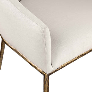 Meridian Furniture Ferro Curved Upholstered Dining Arm Chair with Brushed Iron Frame and Stain Resistant Linen Beige A 88036Beige-AC
