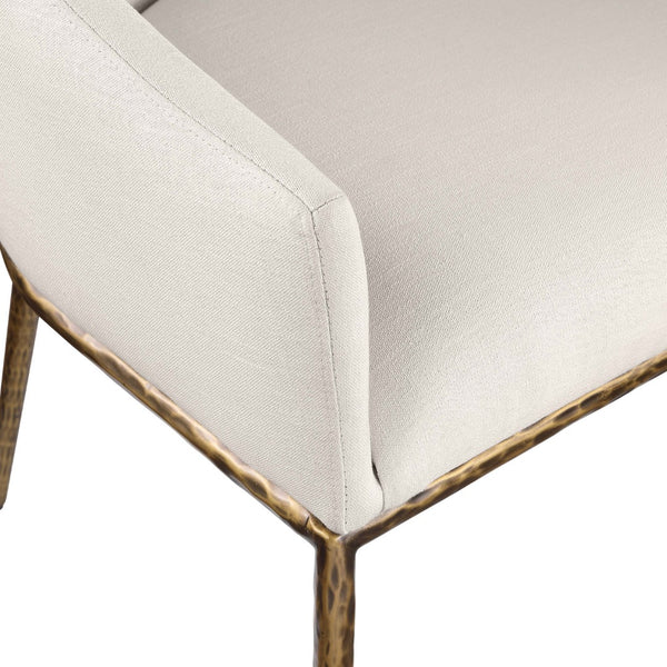 Meridian Furniture Ferro Curved Upholstered Dining Arm Chair with Brushed Iron Frame and Stain Resistant Linen Beige A 88036Beige-AC