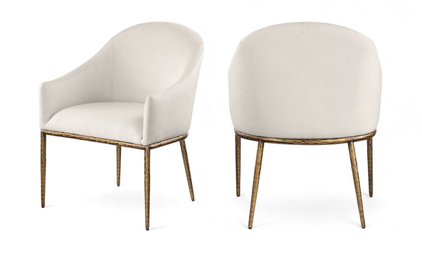Meridian Furniture Ferro Curved Upholstered Dining Arm Chair with Brushed Iron Frame and Stain Resistant Linen Beige A 88036Beige-AC