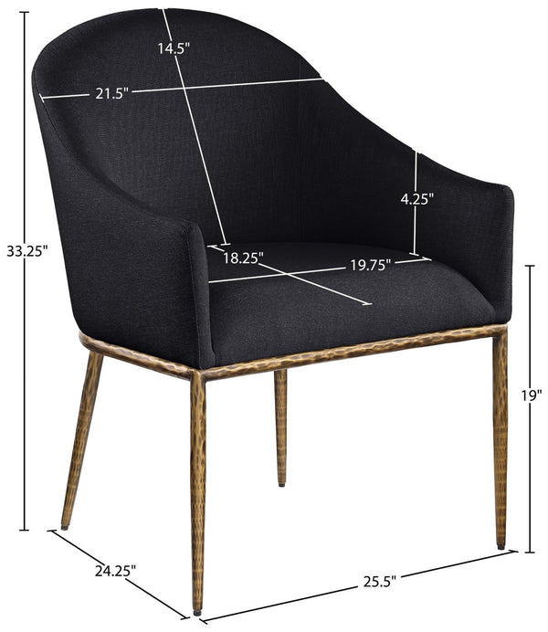 Meridian Furniture Ferro Curved Upholstered Dining Arm Chair with Brushed Iron Frame and Stain Resistant Linen Black A 88036Black-AC