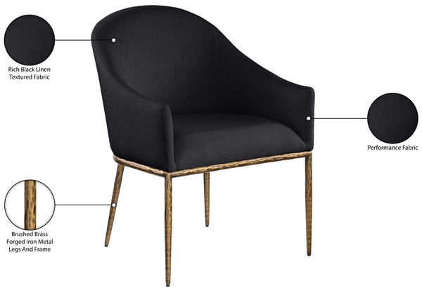 Meridian Furniture Ferro Curved Upholstered Dining Arm Chair with Brushed Iron Frame and Stain Resistant Linen Black A 88036Black-AC