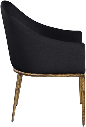 Meridian Furniture Ferro Curved Upholstered Dining Arm Chair with Brushed Iron Frame and Stain Resistant Linen Black A 88036Black-AC
